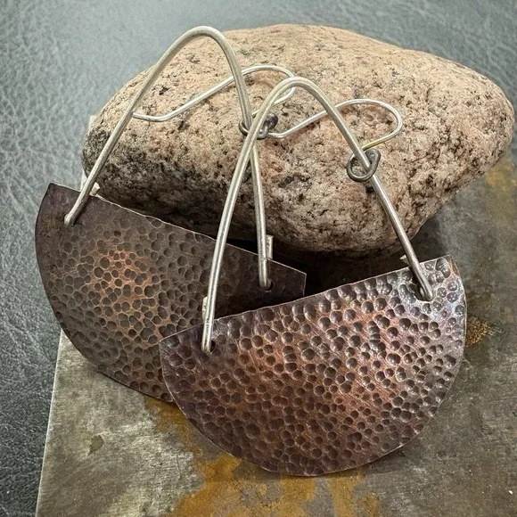 Sterling And Hammered Copper Hook Earrings Half Crescent Moon Handcrafted - Picture 3 of 6